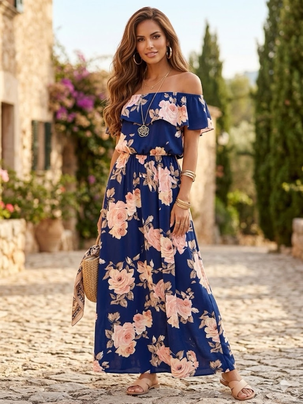 🇺🇸Premier Amour Navy One-Shoulder Floral Maxi Dress with Peach Blooms🇺🇸